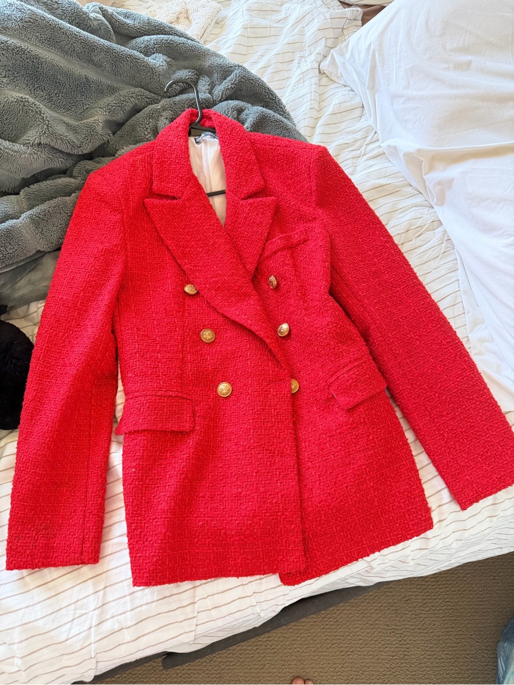 Zara Red Double-Breasted Bouclé Blazer with Gold Buttons M